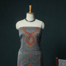Grey - Ilkal Kasuti Embroidery Cotton 3pc Unstitched Dress Material Suit Set 14