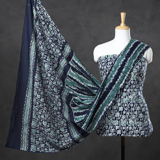Blue - 3pc Kutch Batik Printed Cotton Suit Material Set