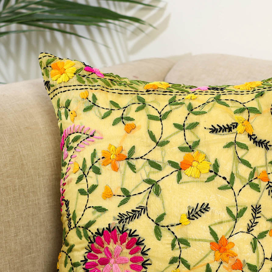 Yellow Hand Embroidered Cushion Cover in Chanderi Silk