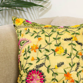 Yellow Hand Embroidered Cushion Cover in Chanderi Silk