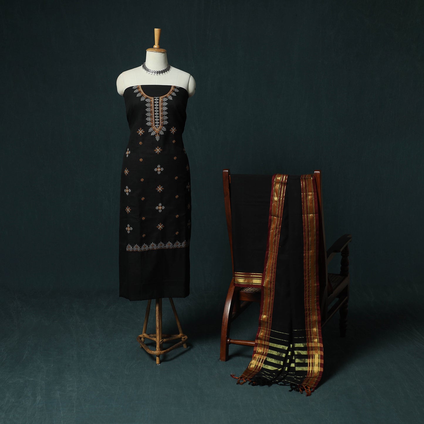 Black - Ilkal Kasuti Embroidery Cotton 3pc Unstitched Dress Material Suit Set 16