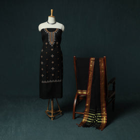 Black - Ilkal Kasuti Embroidery Cotton 3pc Unstitched Dress Material Suit Set 16