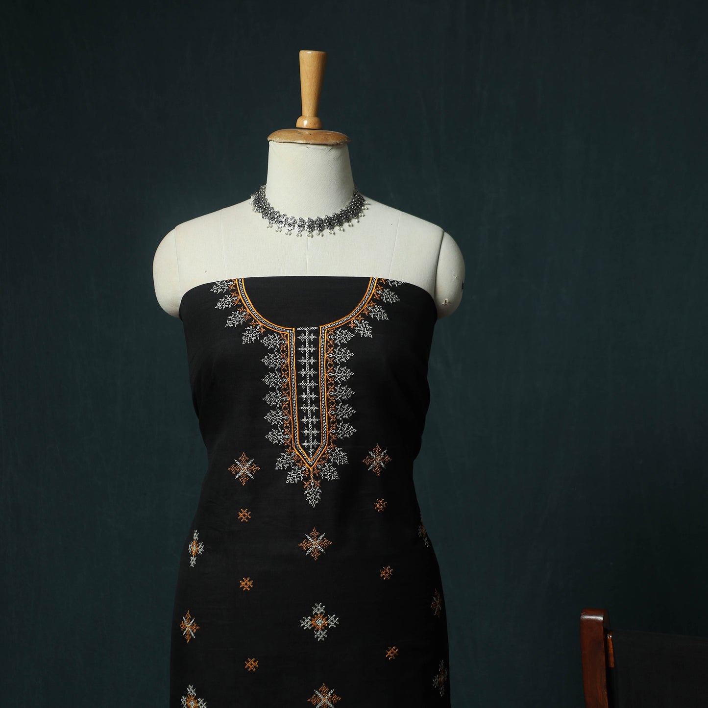 Black - Ilkal Kasuti Embroidery Cotton 3pc Unstitched Dress Material Suit Set 16