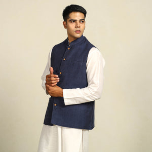 Blue - Pure Cotton Handloom Men Nehru Jacket 11