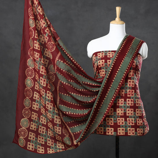 Maroon - 3pc Kutch Batik Printed Cotton Suit Material Set