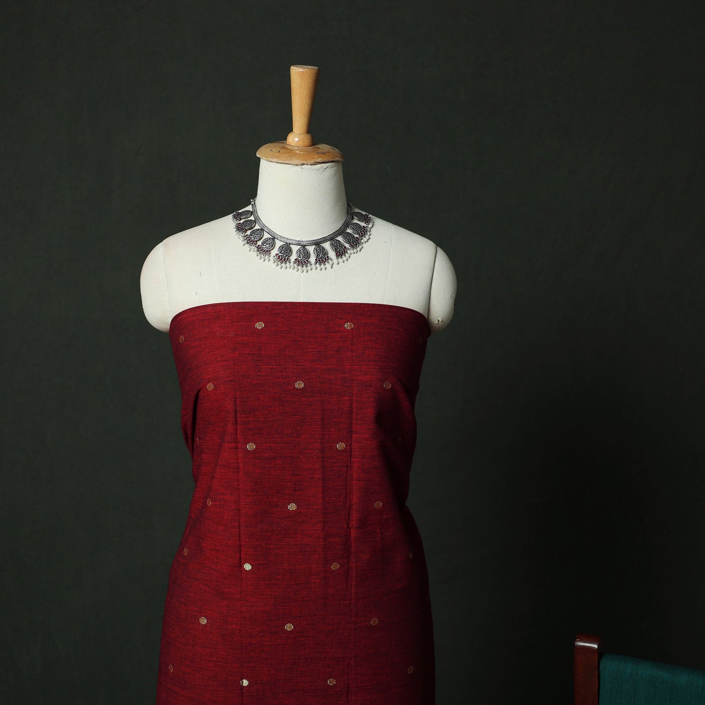 Maroon - Dharwad Cotton 3pc Unstitched Dress Material Suit Set with Woven Zari Buti Border 01