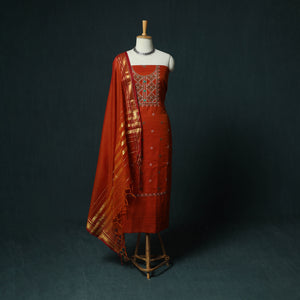 Red - Ilkal Kasuti Embroidery Cotton 3pc Unstitched Dress Material Suit Set 19