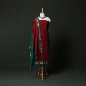 Maroon - Dharwad Cotton 3pc Unstitched Dress Material Suit Set with Woven Zari Buti Border 01
