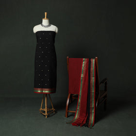 Black - Dharwad Cotton 3pc Unstitched Dress Material Suit Set with Woven Zari Buti Border 02