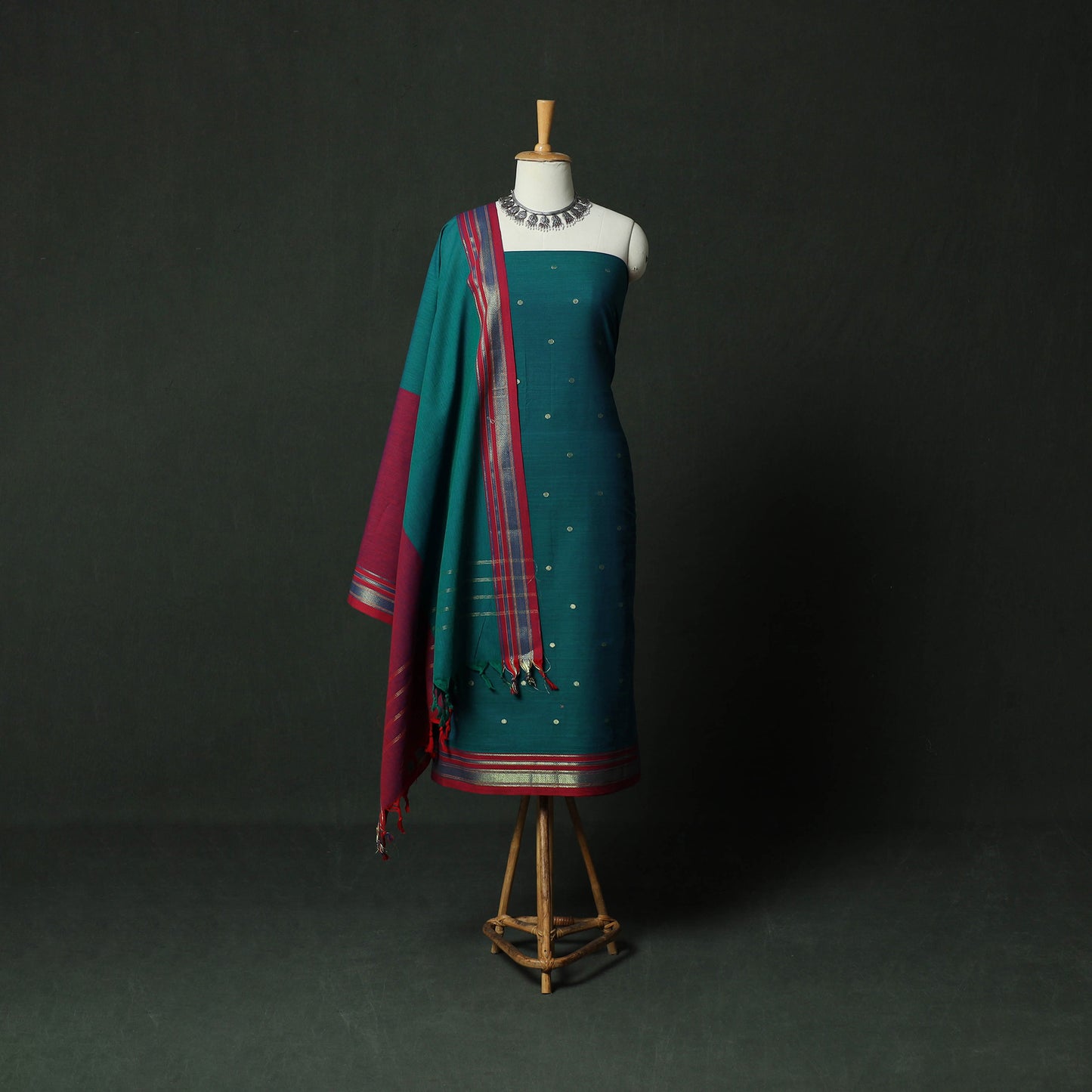 Blue - Dharwad Cotton 3pc Unstitched Dress Material Suit Set with Woven Zari Buti Border 04