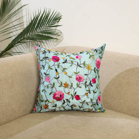 Blue Hand Embroidered Cushion Cover in Chanderi Silk