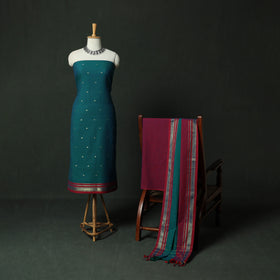 Blue - Dharwad Cotton 3pc Unstitched Dress Material Suit Set with Woven Zari Buti Border 04