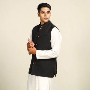 Black - Pure Cotton Handloom Men Nehru Jacket 07