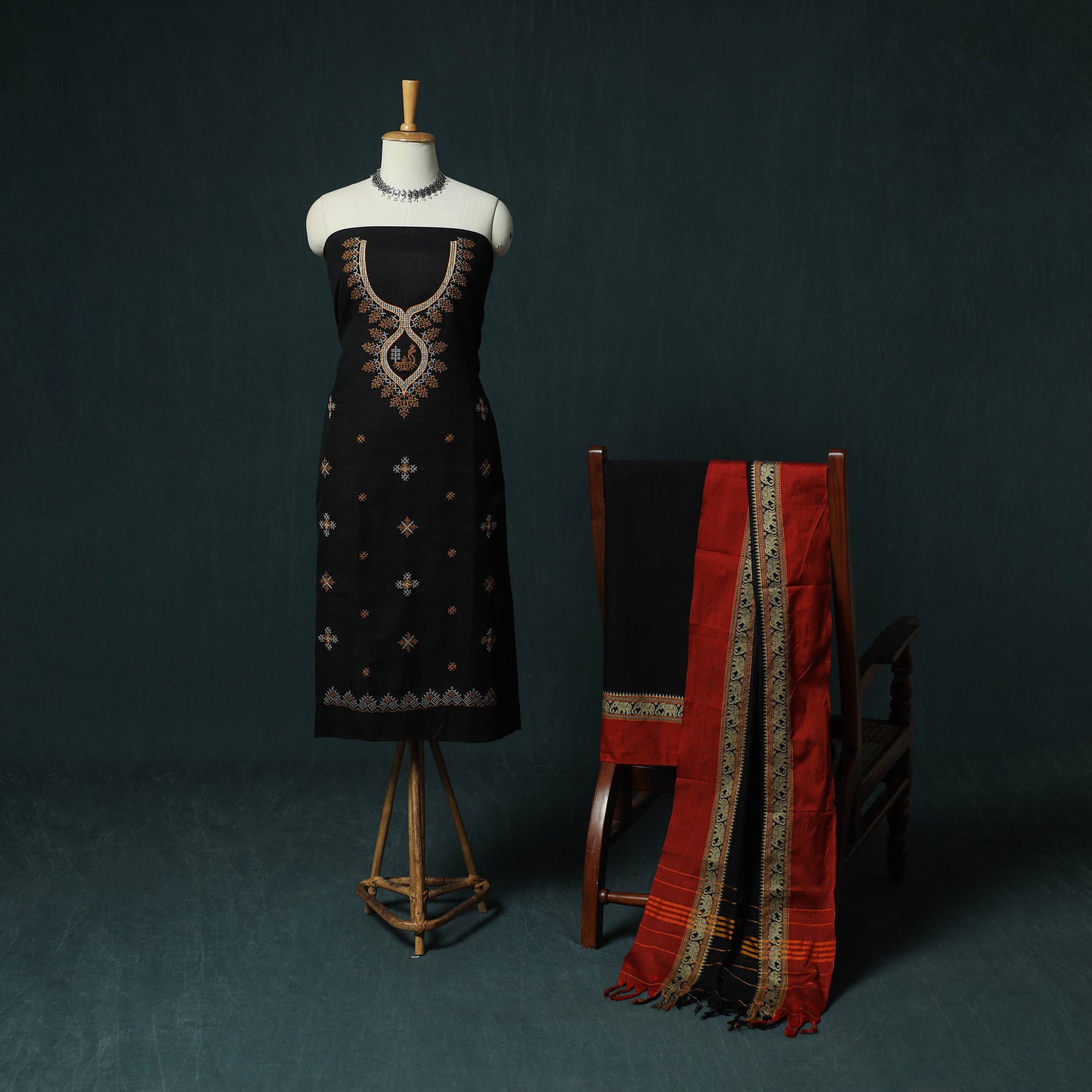 Black - Ilkal Kasuti Embroidery Cotton 3pc Unstitched Dress Material Suit Set 22