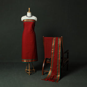 Red - Dharwad Cotton 3pc Unstitched Dress Material Suit Set with Woven Zari Border 05