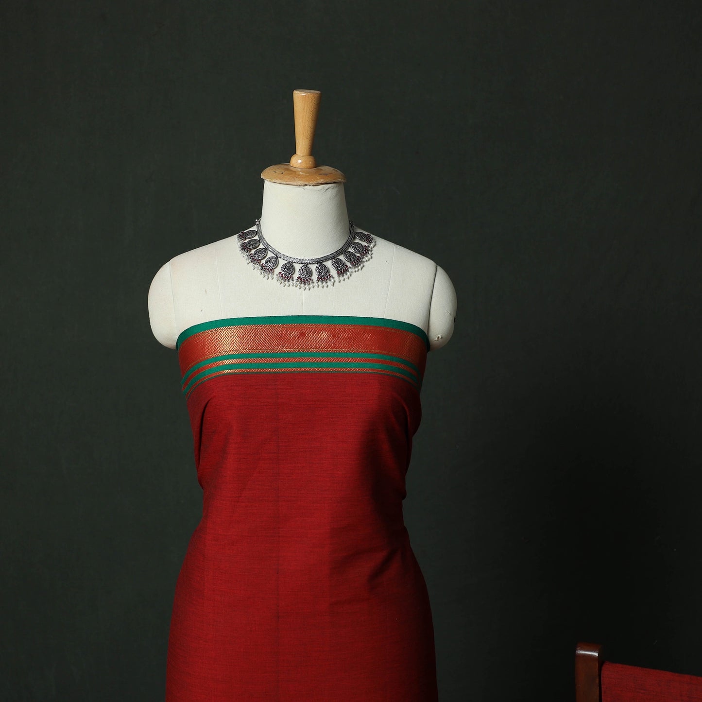 Red - Dharwad Cotton 3pc Unstitched Dress Material Suit Set with Woven Zari Border 05