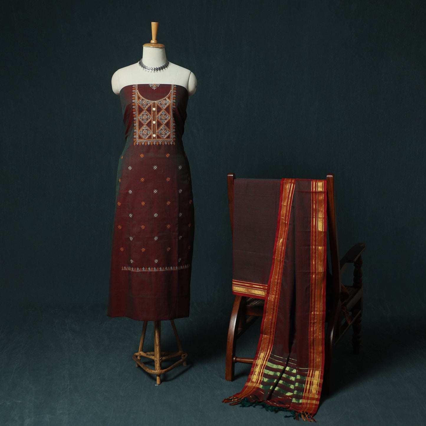 Maroon - Ilkal Kasuti Embroidery Cotton 3pc Unstitched Dress Material Suit Set 23