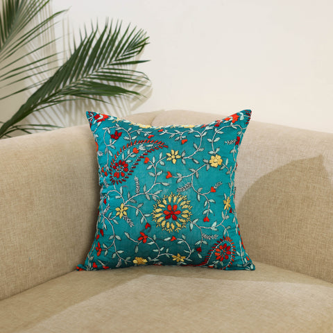 Green Hand Embroidered Cushion Cover in Chanderi Silk