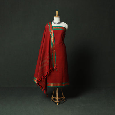 Red - Dharwad Cotton 3pc Unstitched Dress Material Suit Set with Woven Zari Border 05