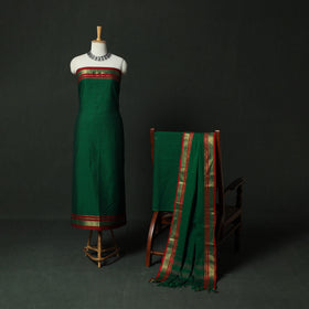 Green - Dharwad Cotton 3pc Unstitched Dress Material Suit Set with Woven Zari Border 06