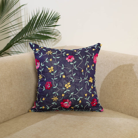 Purple Hand Embroidered Cushion Cover in Chanderi Silk