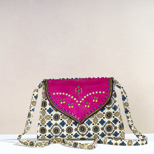 Beige - Handcrafted Ajrakh Mashru Silk Sling Bag with Leather Flap