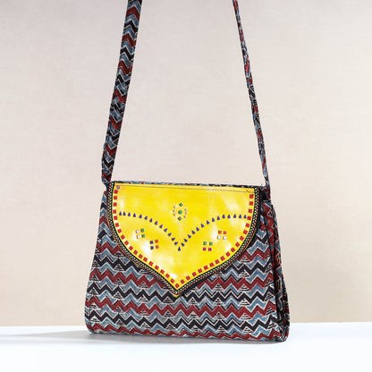 Multicolor - Handcrafted Ajrakh Mashru Silk Sling Bag with Leather Flap