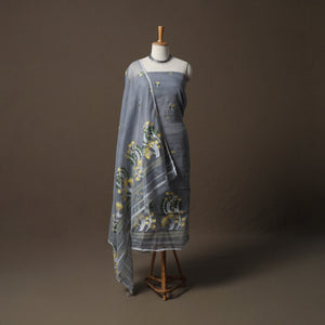 Grey - Phulia Jamdani Silk Cotton 2pc Unstitched Dress Material Kurta Set 06