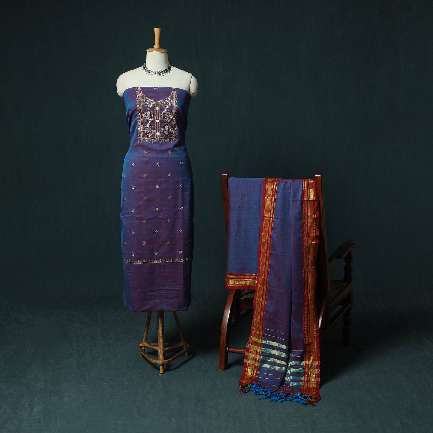 Purple - Ilkal Kasuti Embroidery Cotton 3pc Unstitched Dress Material Suit Set 25