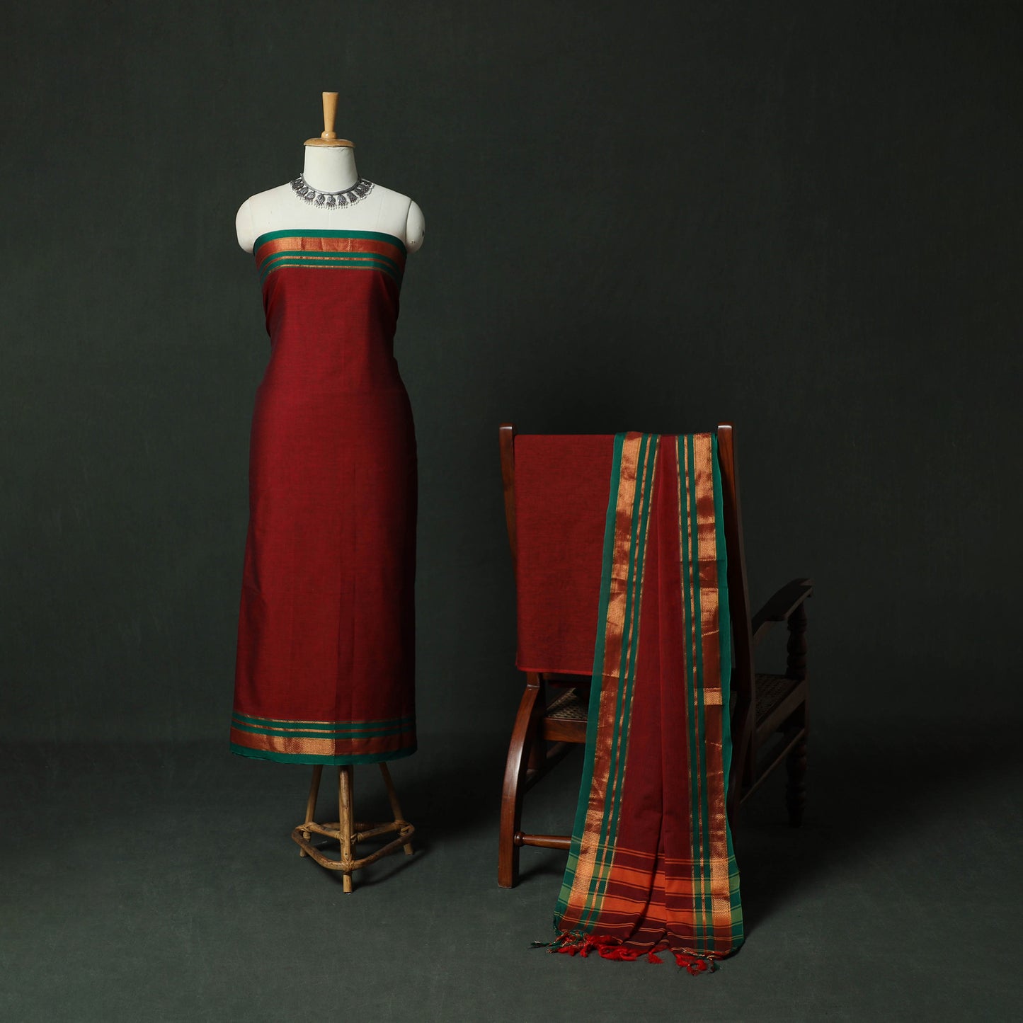 Dharwad Cotton 3pc Unstitched Dress Material Suit Set with Woven Zari Border 08