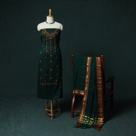 Green - Ilkal Kasuti Embroidery Cotton 3pc Unstitched Dress Material Suit Set 26
