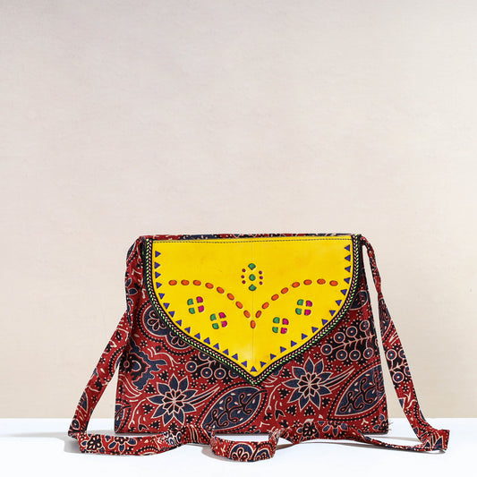 Red - Handcrafted Ajrakh Mashru Silk Sling Bag with Leather Flap