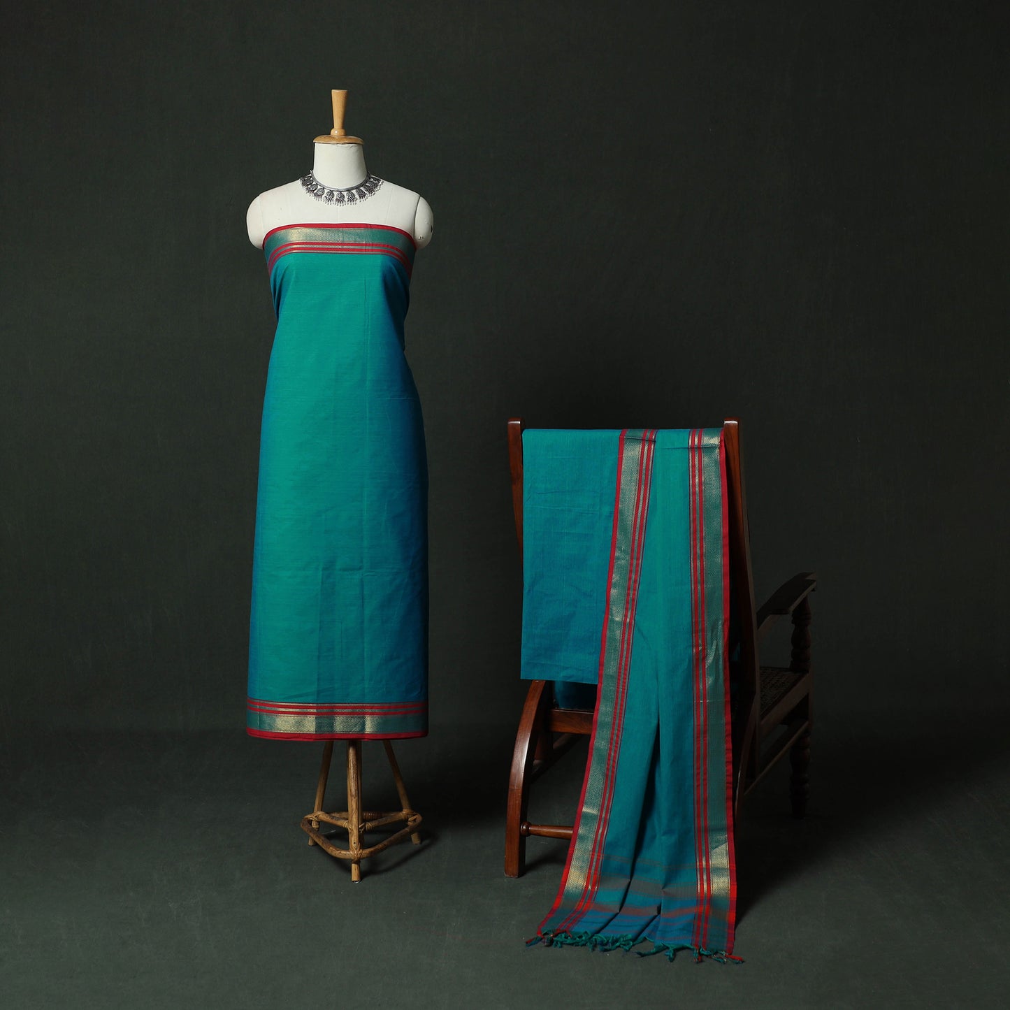 Blue - Dharwad Cotton 3pc Unstitched Dress Material Suit Set with Woven Zari Border 09