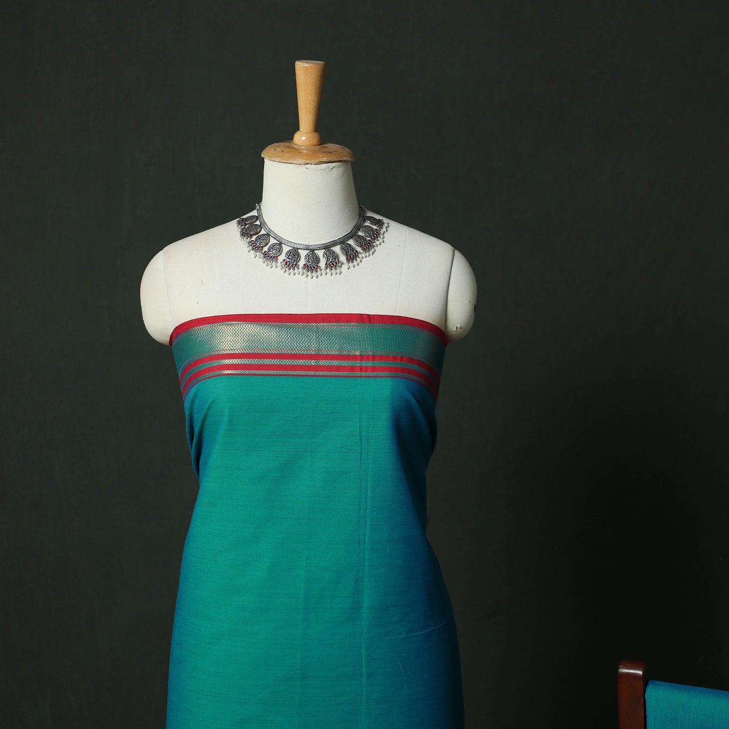 Blue - Dharwad Cotton 3pc Unstitched Dress Material Suit Set with Woven Zari Border 09