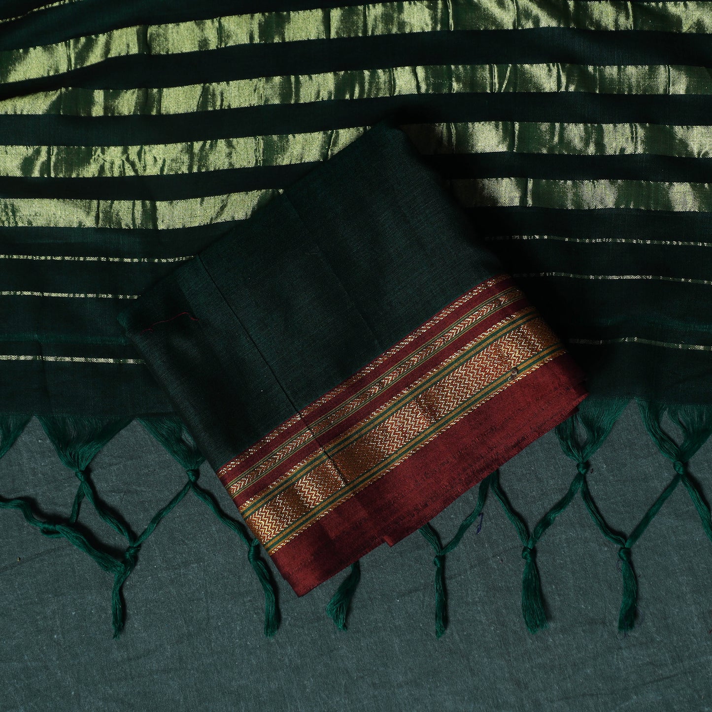 Green - Ilkal Kasuti Embroidery Cotton 3pc Unstitched Dress Material Suit Set 26