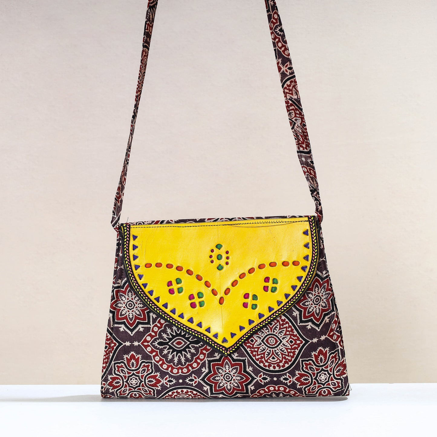Brown - Handcrafted Ajrakh Mashru Silk Sling Bag with Leather Flap