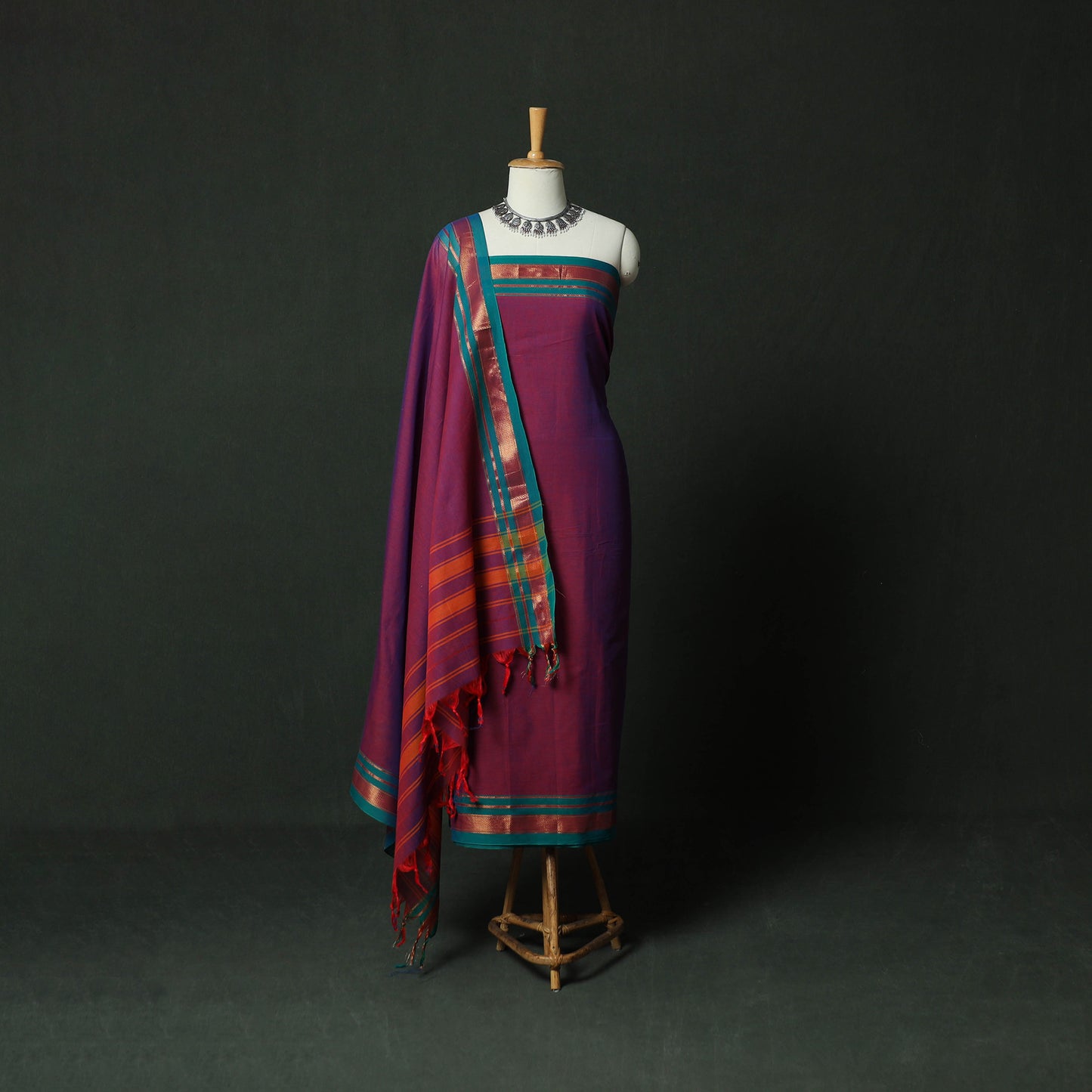 Purple - Dharwad Cotton 3pc Unstitched Dress Material Suit Set with Woven Zari Border 10