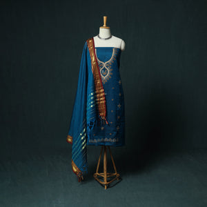 Blue - Ilkal Kasuti Embroidery Cotton 3pc Unstitched Dress Material Suit Set 27