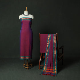 Purple - Dharwad Cotton 3pc Unstitched Dress Material Suit Set with Woven Zari Border 10
