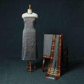 Grey - Ilkal Kasuti Embroidery Cotton 3pc Unstitched Dress Material Suit Set 28