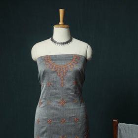 Grey - Ilkal Kasuti Embroidery Cotton 3pc Unstitched Dress Material Suit Set 28