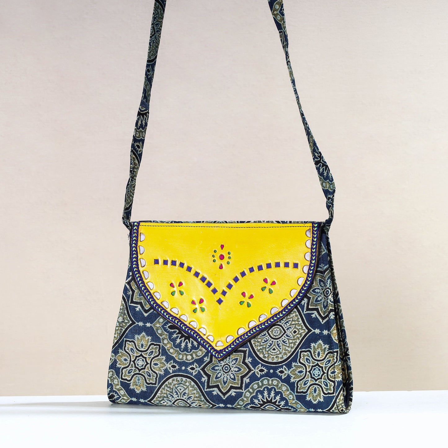 Blue - Handcrafted Ajrakh Mashru Silk Sling Bag with Leather Flap