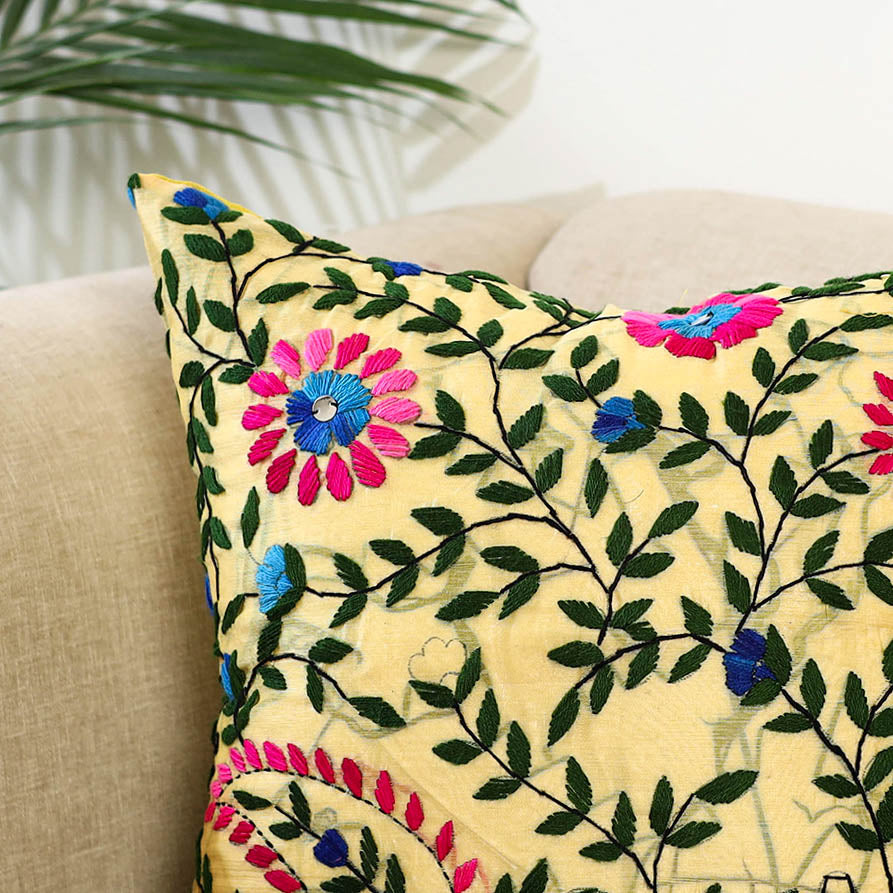 Yellow Hand Embroidered Cushion Cover in Chanderi Silk