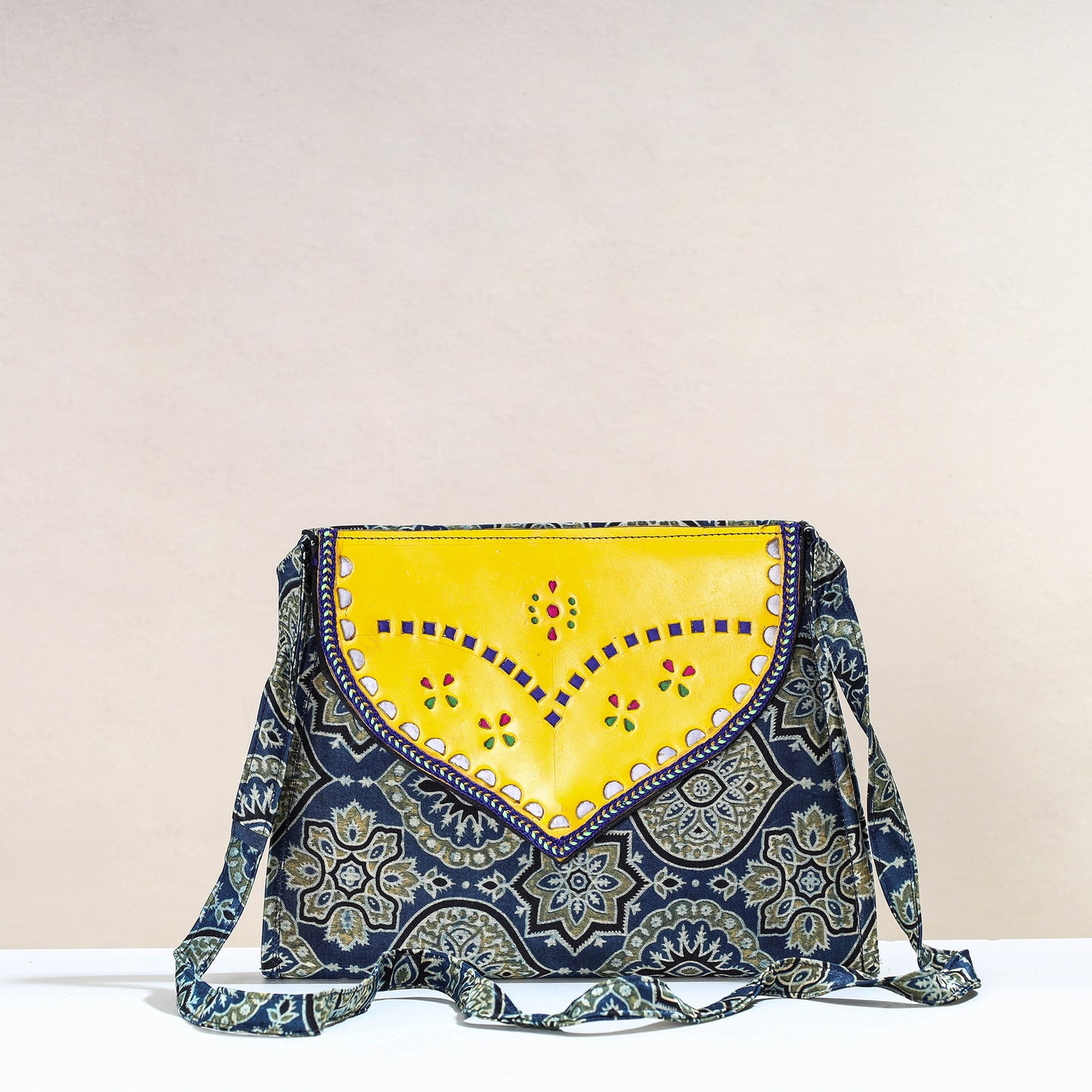 Blue - Handcrafted Ajrakh Mashru Silk Sling Bag with Leather Flap