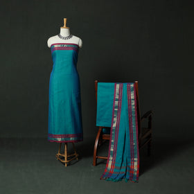 Blue - Dharwad Cotton 3pc Unstitched Dress Material Suit Set with Woven Zari Border 11