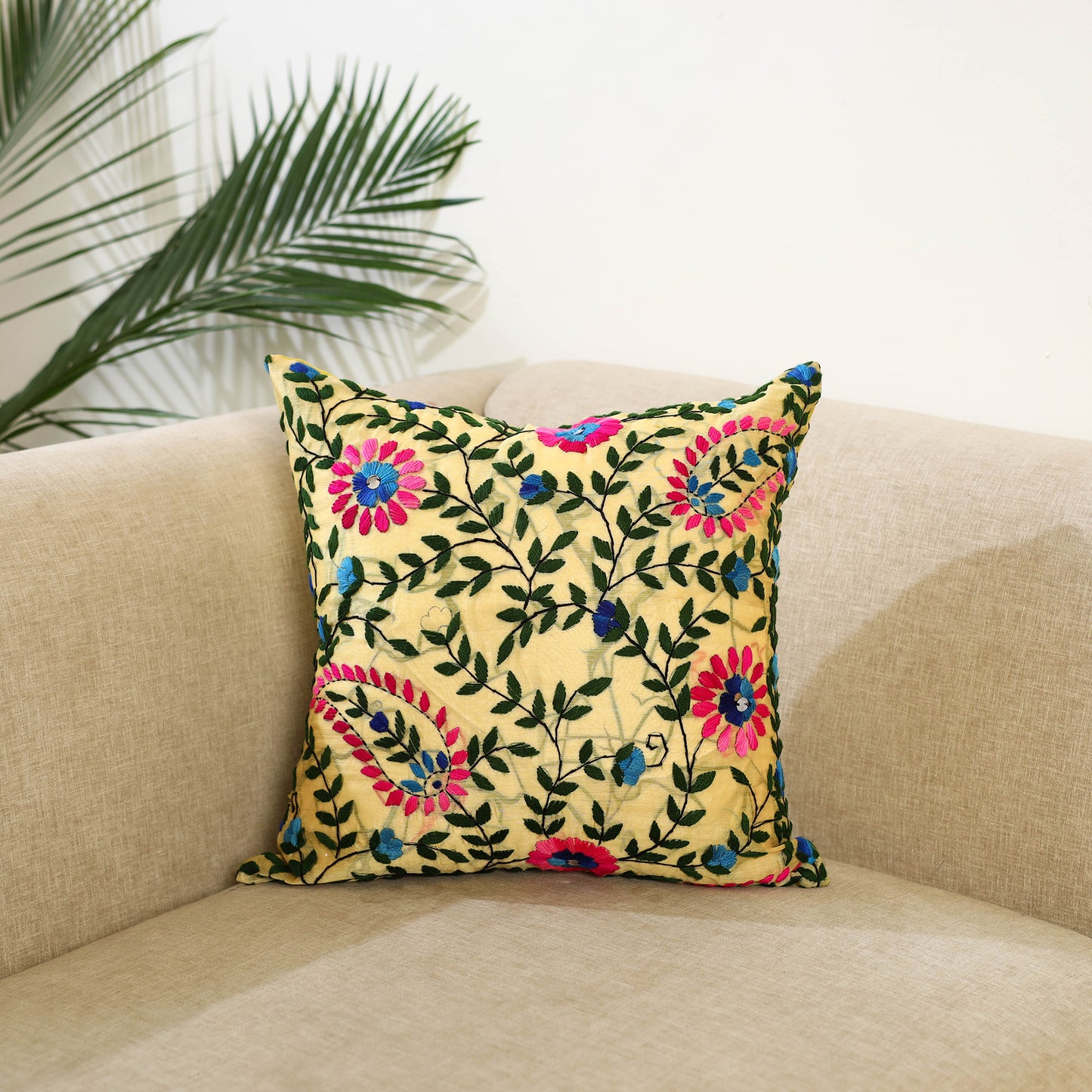 Yellow Hand Embroidered Cushion Cover in Chanderi Silk