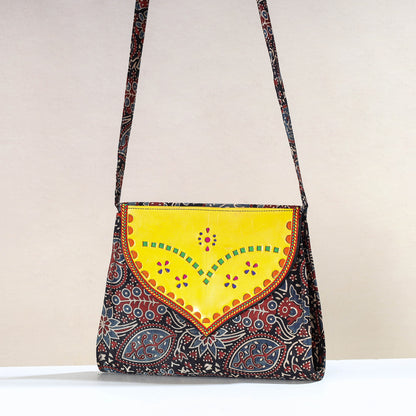 Multicolor - Handcrafted Ajrakh Mashru Silk Sling Bag with Leather Flap