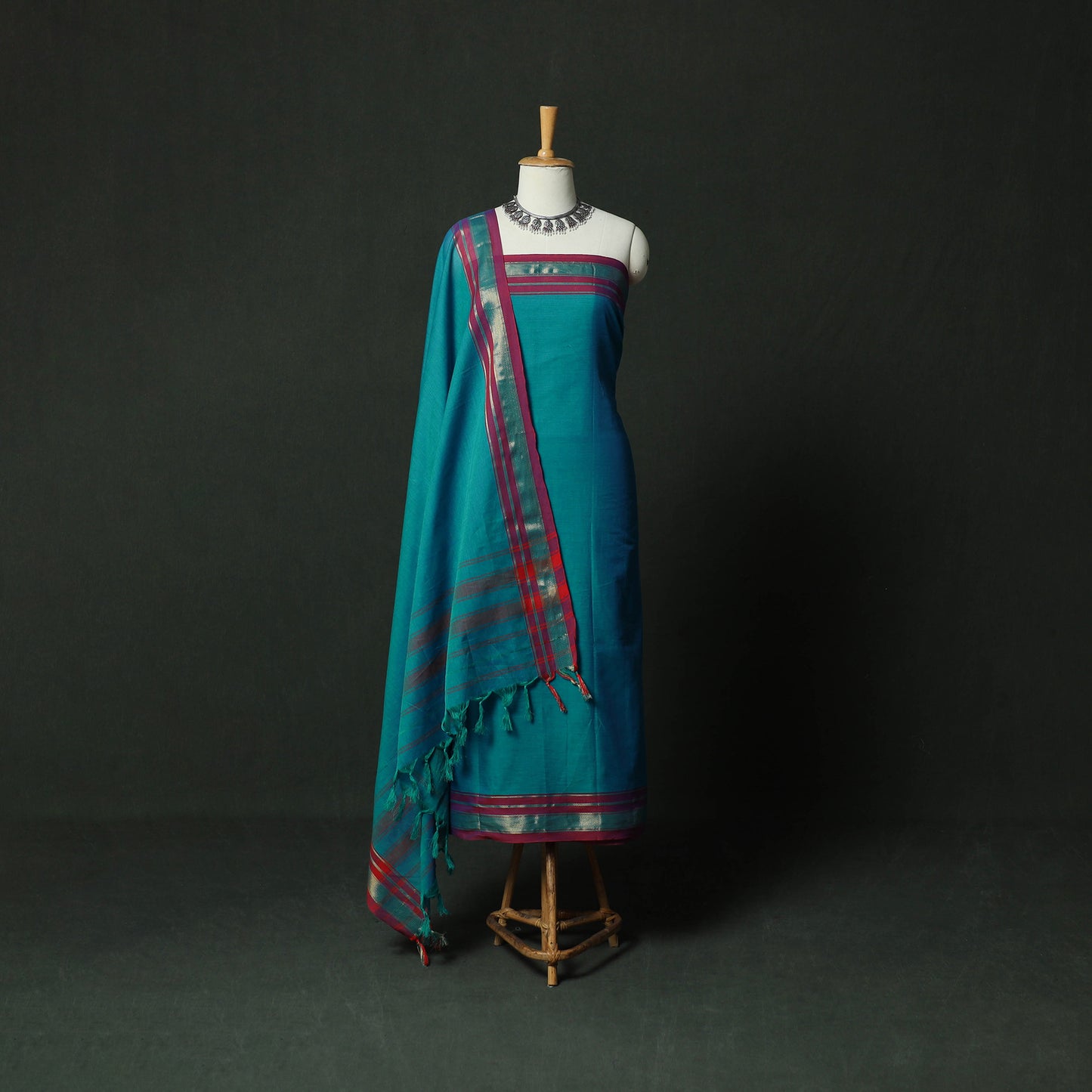 Blue - Dharwad Cotton 3pc Unstitched Dress Material Suit Set with Woven Zari Border 11