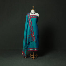 Blue - Dharwad Cotton 3pc Unstitched Dress Material Suit Set with Woven Zari Border 11