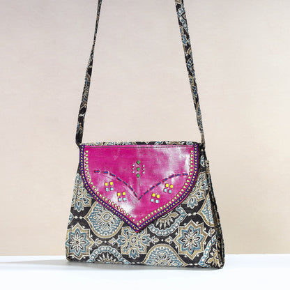 Black - Handcrafted Ajrakh Mashru Silk Sling Bag with Leather Flap